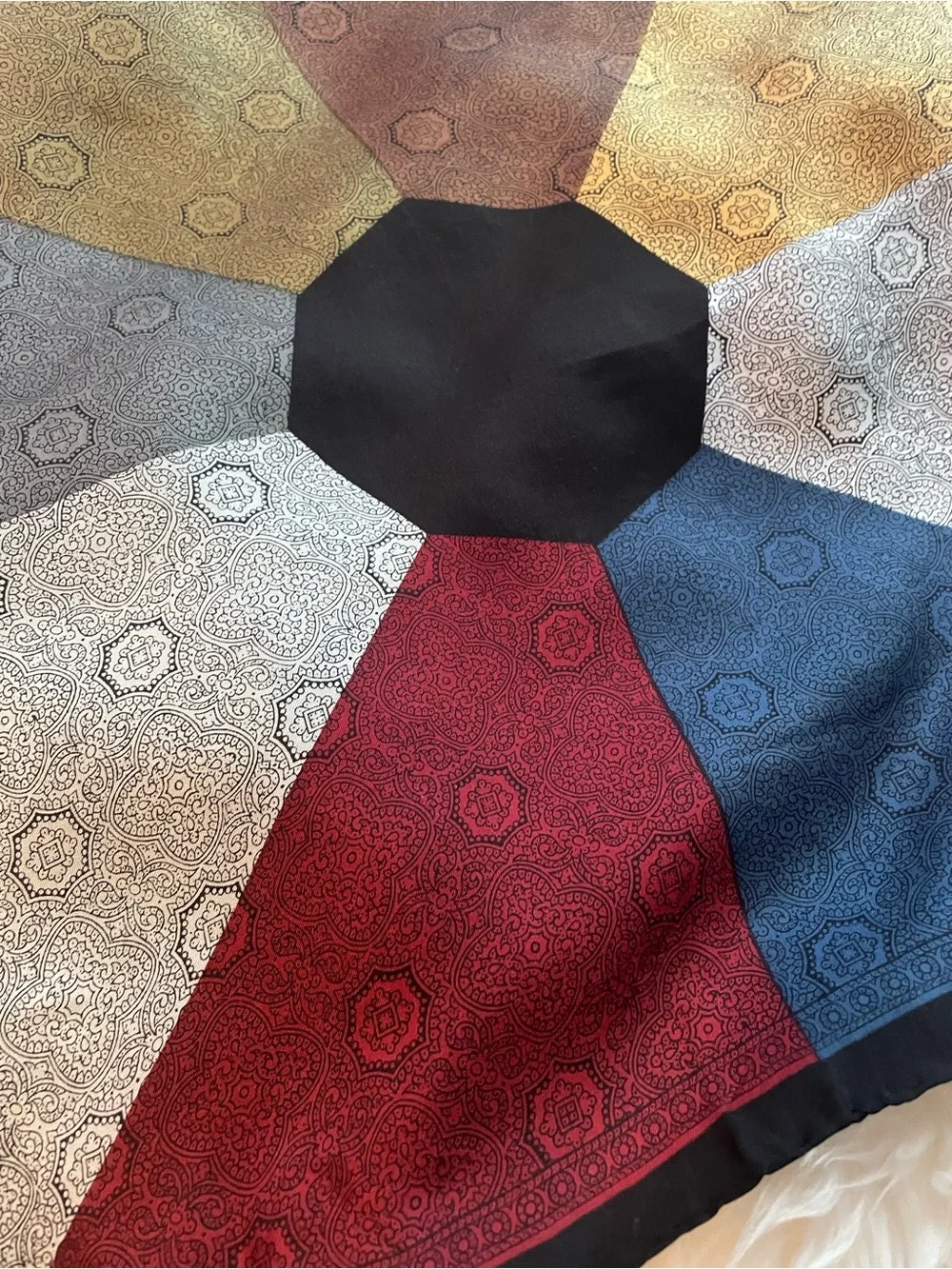 Silk Neckerchief Square Scarf EUC Approximately 18” x 18” Silver, Red, Blue Gold